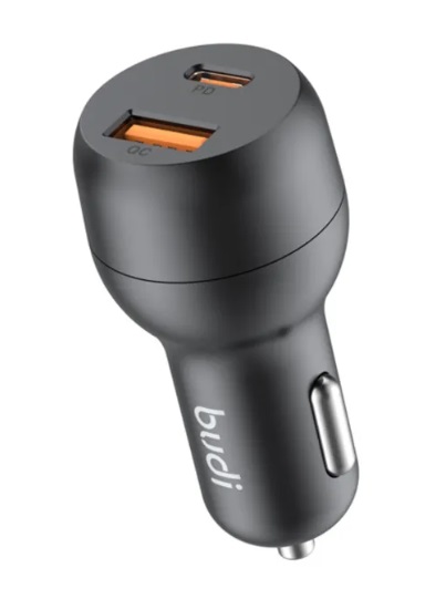 شارژر فندکی 38 وات بودی مدل Budi CC108TB با خروجی USB و USB-C با گارانتی ۱۸ ماهه شرکتی (۶ ماه تعویض)