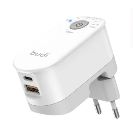 شارژر دیواری 18 وات بودی تایمردار مدل Budi M8J030TE با خروجی USB و USB-C با گارانتی ۱۸ ماهه شرکتی (۶ ماه  تعویض)