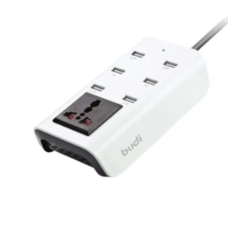 شارژر دیواری 24 وات بودی مدل Budi AC302UW با 6 خروجی USB به همراه کابل 1.5 متری با گارانتی ۱۸ ماهه شرکتی (۶ ماه تعویض)