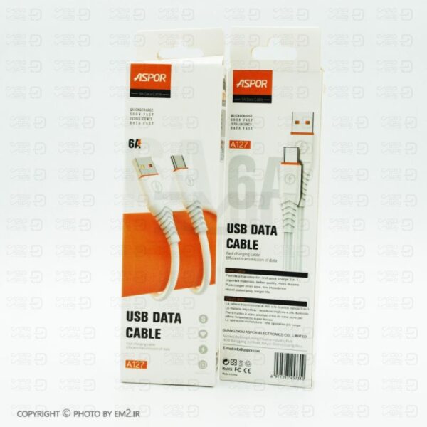 کابل TYPEC یک متری ASPOR مدل A127 فست 6A ضخیم اورجینال