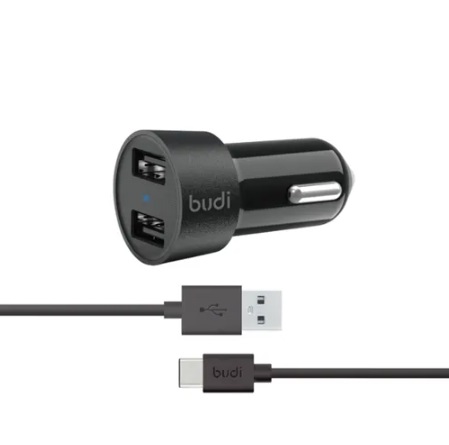 شارژر فندکی 24 وات بودی مدل Budi M8J622TB با 2 خروجی USB به همراه کابل USB به USB-C با گارانتی ۱۸ ماهه شرکتی (۶ ماه تعویض)